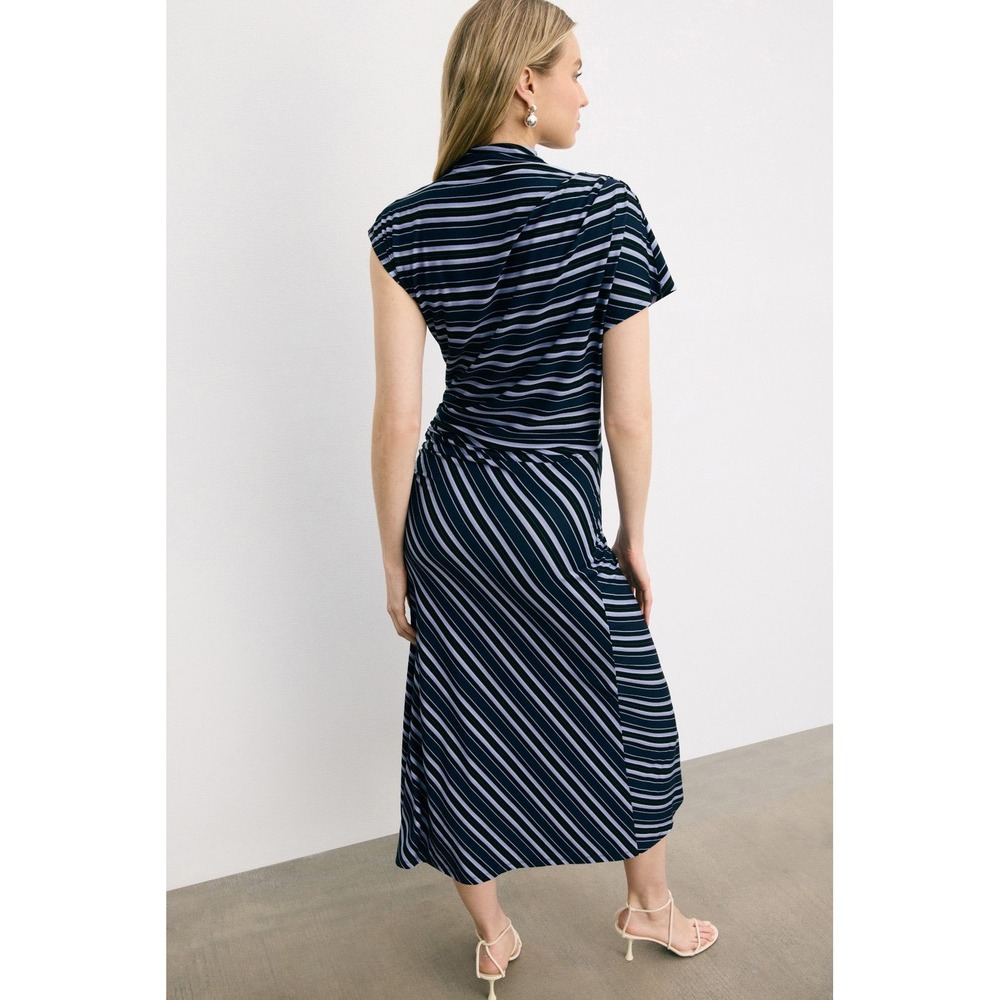 Reiss Dillion Blue Striped Ruched Draped Maxi Long Dress XL Sleeveless Sheath - Picture 7 of 12
